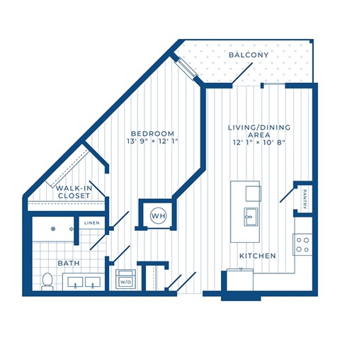 Floor plan for 1 bed, 1 bath, 733 sqft